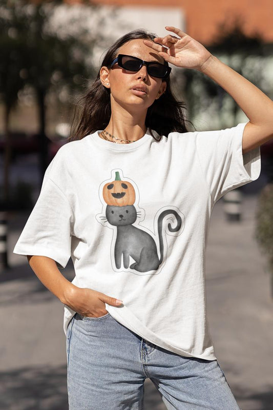 Women's Halloween Pumpkin Cat T-shirt